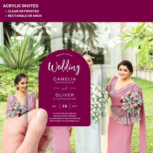 Magenta Acrylic Wedding lädt White Text Moderne ei Acryleinladungen (Von Creator hochgeladen)