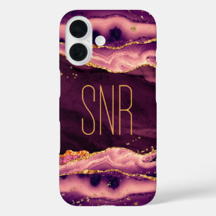 Magenta Agate Geode Monogram Name Gold Glitzer iPhone 16 Hülle