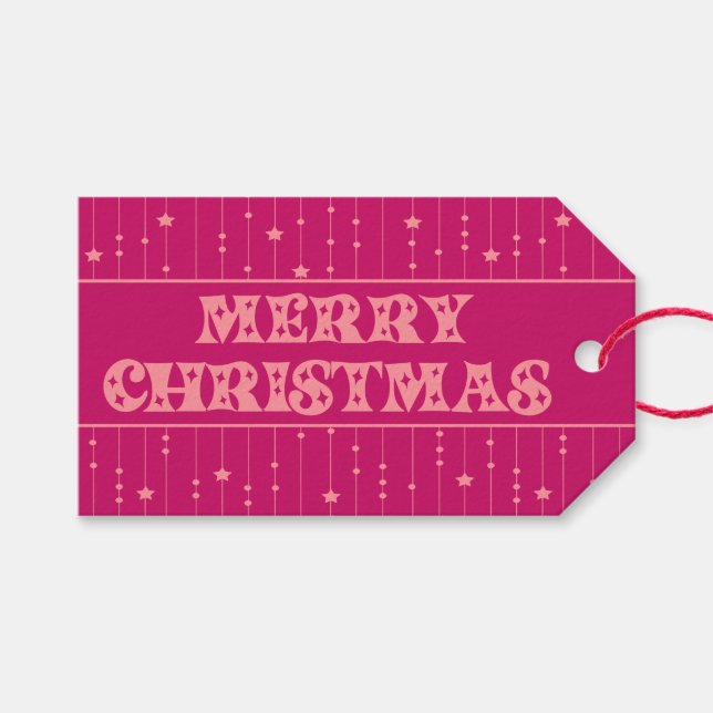 Magenta and Pink Bright Stars Merry Christmas Geschenkanhänger (Vorderseite (Horizontal))