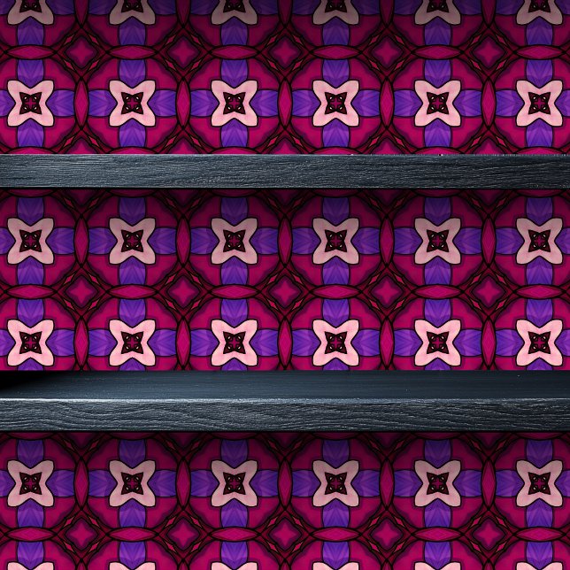 Magenta Arabesque Small Print Tapete (Stained Glass Magenta Arabesque Small Print Wallpaper on a shelf)