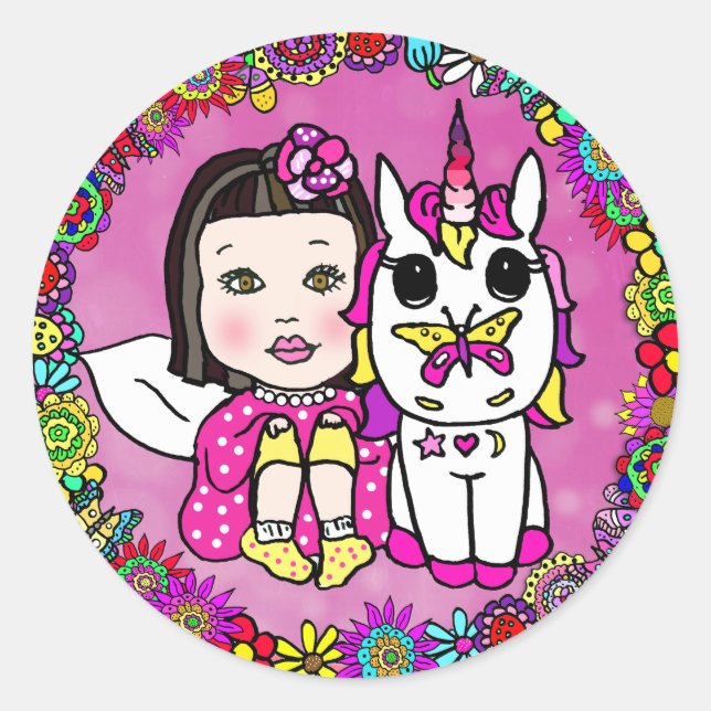 Magenta Asian Fairy and Unicorn Runder Aufkleber (Vorderseite)