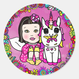 Magenta Asian Fairy and Unicorn Runder Aufkleber