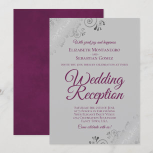 Magenta auf Grau Silber Fransen Hochzeitsempfang Einladung
