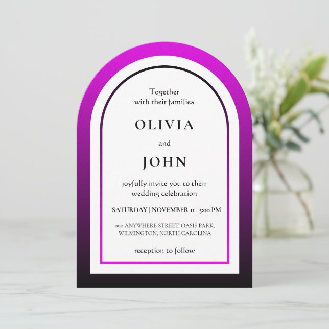 Magenta black gradient wedding einladung (Stehend Vorderseite)