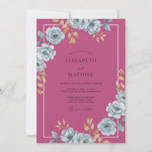 Magenta Blaue Rosen Hochzeit Einladung