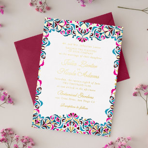 Magenta Blaue Whimsical Florale Mandala Hochzeit Folieneinladung