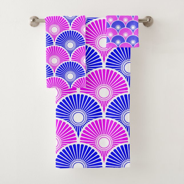 Magenta Blue Chinese Semi Circle Wave Muster Badhandtuch Set (Insitu)