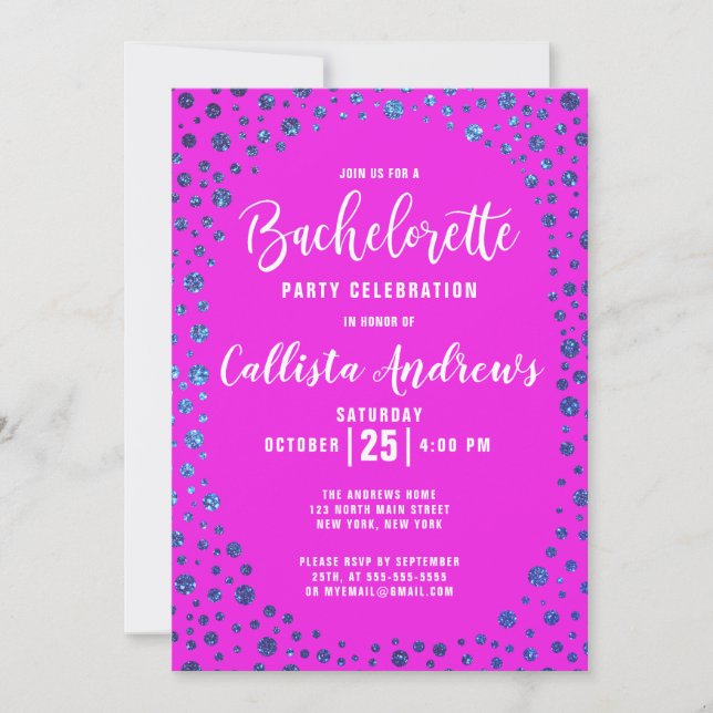 Magenta Blue Glitzer Confetti Border Bachelorette Einladung (Vorderseite)