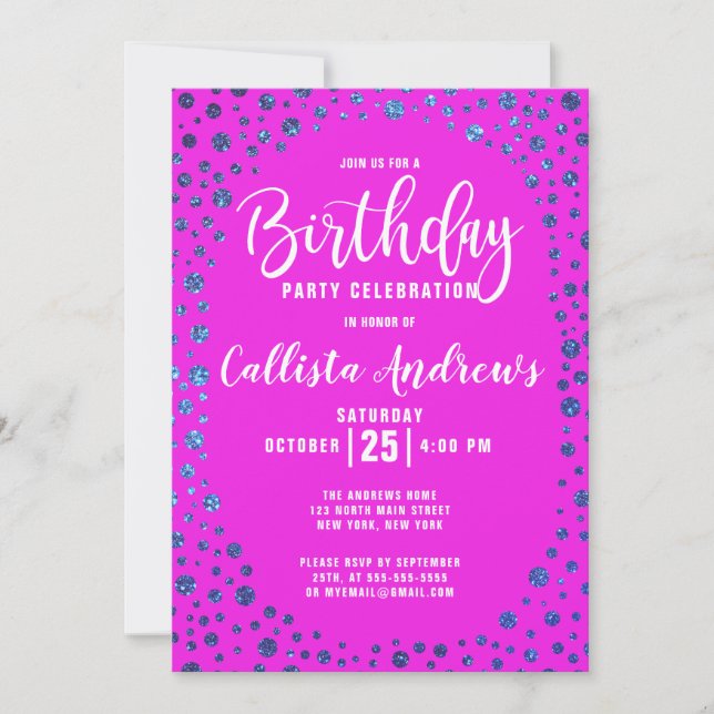 Magenta Blue Glitzer Confetti Border Birthday Einladung (Vorderseite)