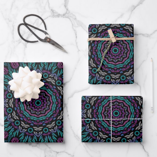 Magenta Blue Teal Gothic Stained Glass Mandala Geschenkpapier Set (Vorderseite)