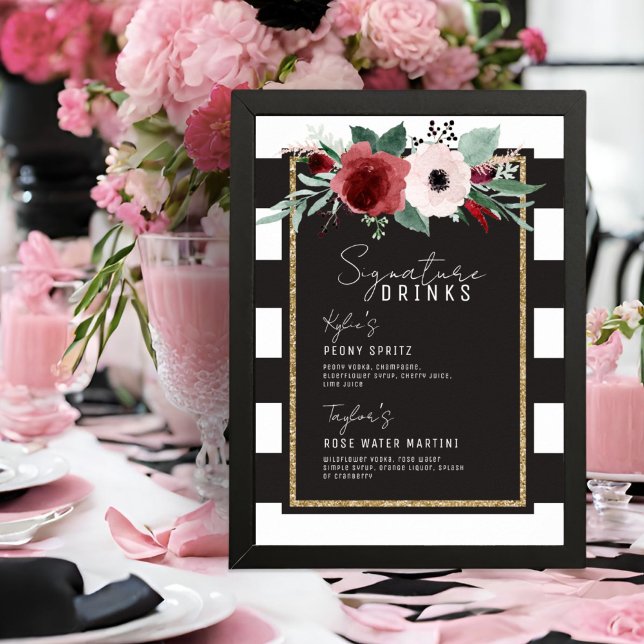 Magenta Blumenstreifen Signature Drinks Hochzeit Poster (Von Creator hochgeladen)