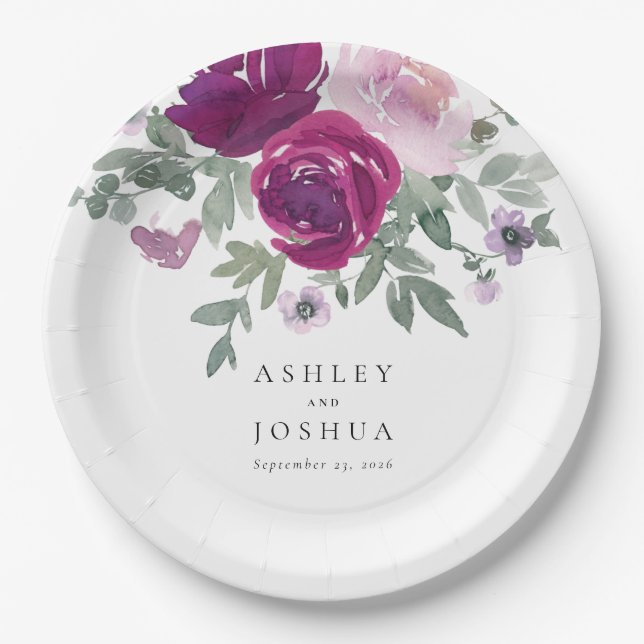 Magenta Blush Floral Bouquet White Wedding Pappteller (Vorderseite)