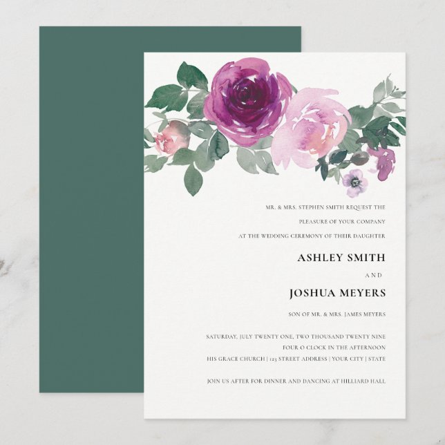Magenta Blush Watercolor Floral Ivory Wedding Einladung (Vorne/Hinten)