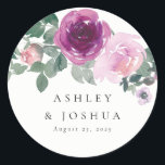 Magenta Blush Watercolor Floral Ivory Wedding Runder Aufkleber<br><div class="desc">Watercolor floral elements designed in beautiful colors, set over an ivory canvas. The design is finished with elegant modern script calligraphy... highlighting the bride and groom's names and wedding date. If you would like assistance with customizing, please reach out to me via message here on Zazzle or email me at...</div>