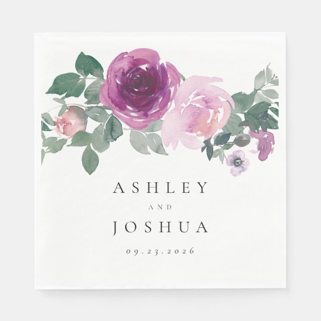 Magenta Blush Watercolor Floral White Wedding Serviette (Vorderseite)