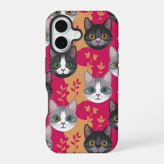 Magenta & Botanisches Blatt Kitty iPhone 16 Hülle