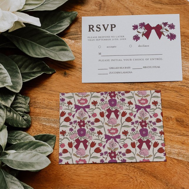 Magenta Bow Floral Wedding RSVP Meal Choice (Von Creator hochgeladen)