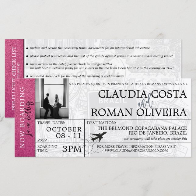 Magenta Brazil Wedding Boarding Pass Einladung (Vorne/Hinten)