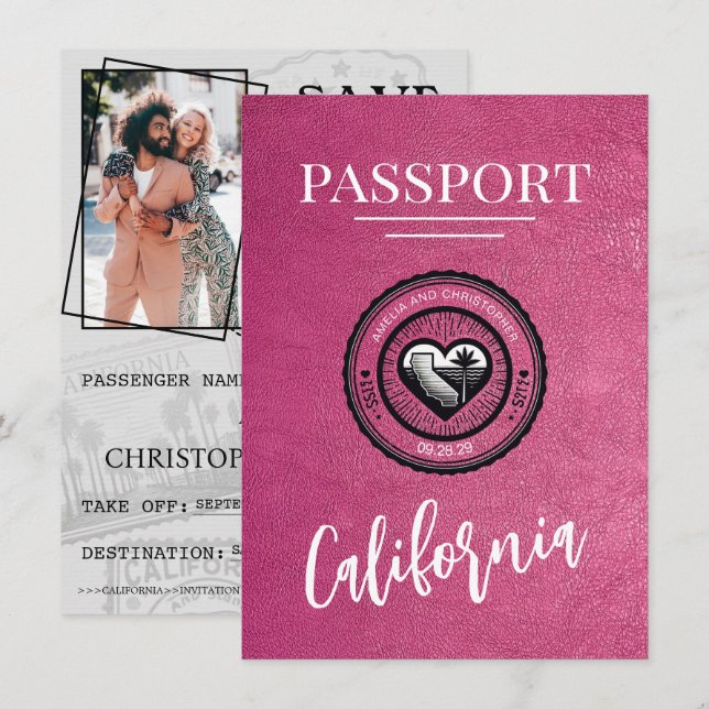 Magenta California Passport Save the Date (Vorne/Hinten)