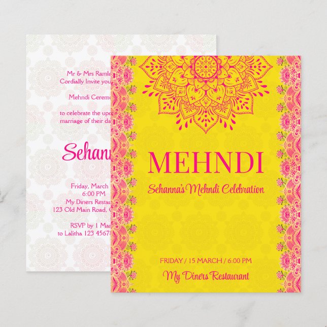 Magenta cerbellgelb Mehndi Haushalt einladen (Vorne/Hinten)