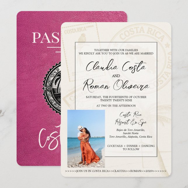Magenta Costa Rica Pass Einladung Hochzeit (Vorne/Hinten)