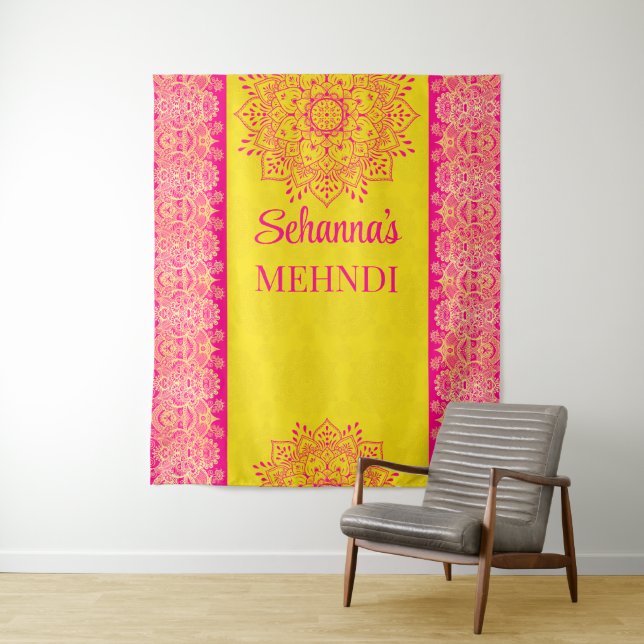 Magenta creme hellgelbe Mehndi Foto Hintergrund Wandteppich (Beispiel)
