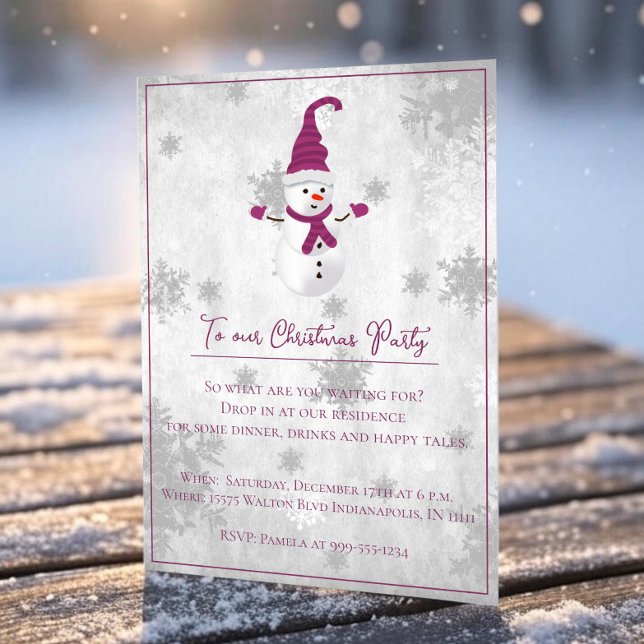 Magenta Cute Snowman Fête de Noël Invitation (Magenta Cute Snowman Christmas Party Invitation)