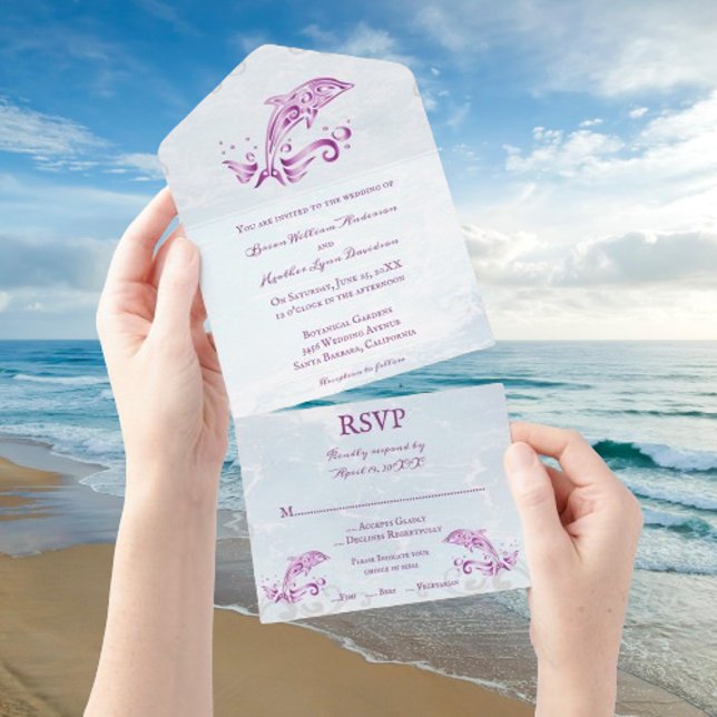 Magenta Dolphin All in One Wedite Einladung (Magenta Dolphin All in One Wedding Invite)