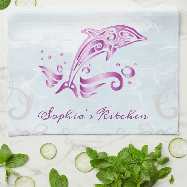 Magenta Dolphin Serviette de cuisine personnalisée (Plié)