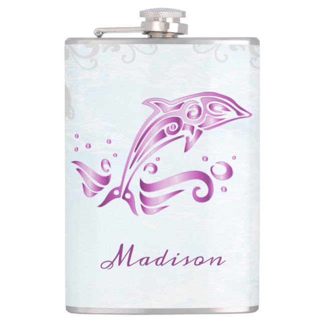 Magenta Dolphin Vinyl Wrapped Flask Flachmann (Vorderseite)
