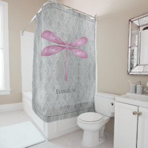 Magenta Dragonfly Damask Duschvorhang