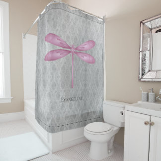 Magenta Dragonfly Damask Duschvorhang