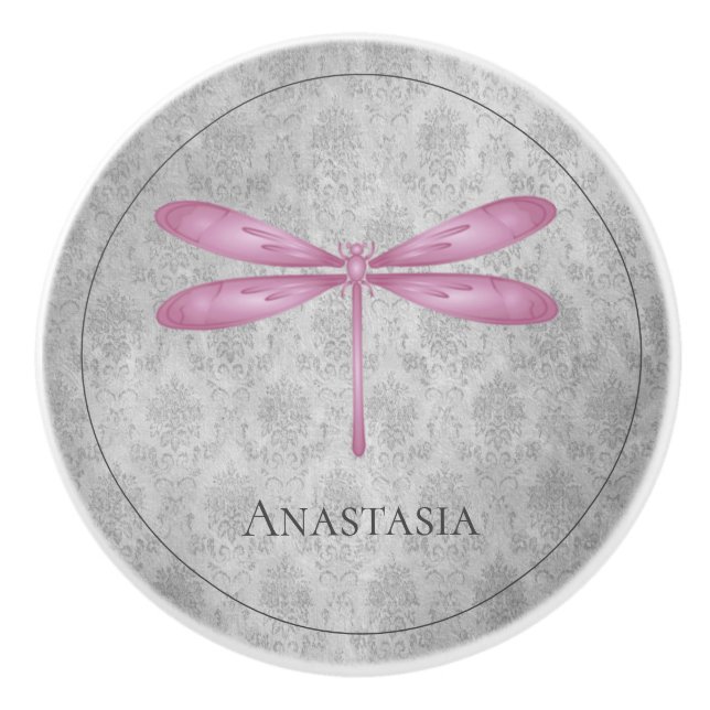 Magenta Dragonfly Damask Keramikknauf (Vorderseite)