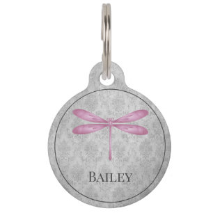 Magenta Dragonfly Damask Round Pet Tag Haustiermarke
