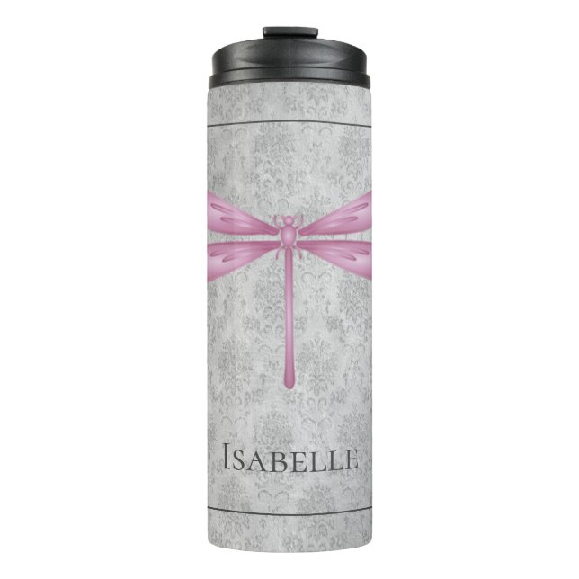 Magenta Dragonfly Damask Thermosbecher (Vorderseite)
