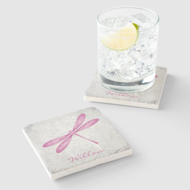 Magenta Dragonfly Personalisiert Stone Untersetzer (Seitenansicht)