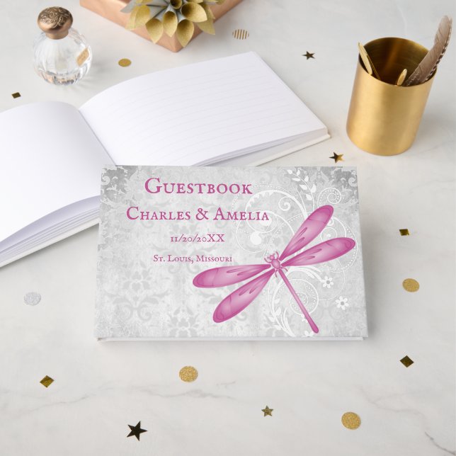 Magenta Dragonfly Wedding Guestbook Gästebuch (Vorderseite Offen)