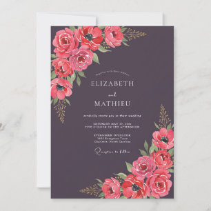 Magenta-Eierpflanze-Ranunculus-Eukalyptus-Hochzeit Einladung