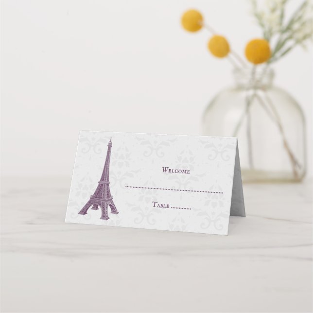 Magenta Eiffel Tower Damask Empfang Platzkarte (Vorderseite)