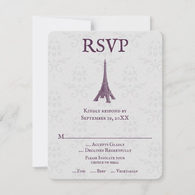 Magenta Eiffel Tower Damask Wedding RSVP Card (Vorderseite)