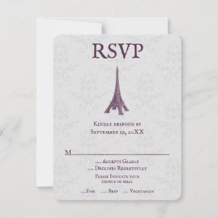 Magenta Eiffel Tower Damask Wedding RSVP Card Karte