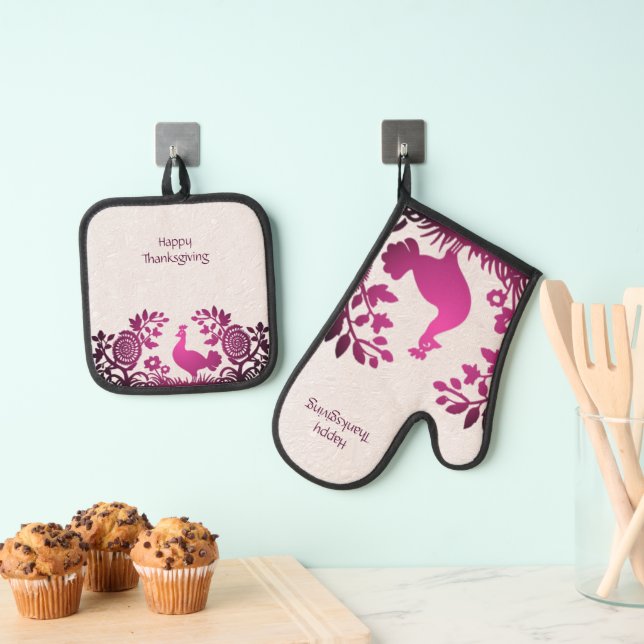 Magenta Erntedank Türkei Floral Ofenhandschuh & Topflappen-Set (Insitu (Hängend))