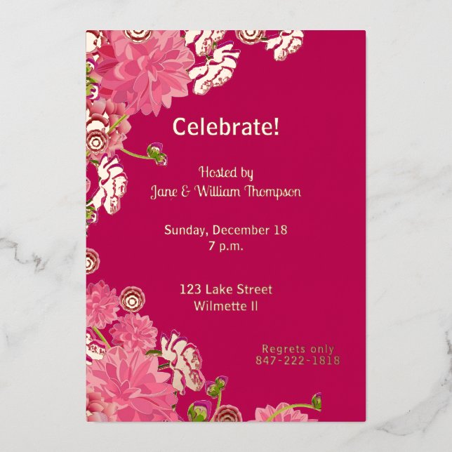 Magenta floral Gilded Folieneinladung (Vorderseite)