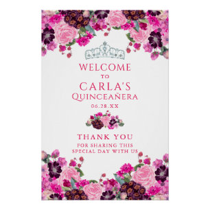 Magenta Floral Quinceanera Begrüßungszeichen Poster