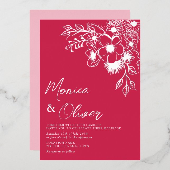 Magenta Floral Silver Foil Wedite Einladung (Vorderseite/Rückseite)