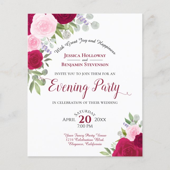 Magenta Floral Wedding Abend Party Einladung (Vorderseite)