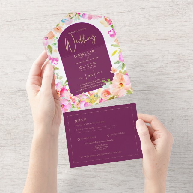 Magenta Floral Wedding All In One Einladung (Abreißen)