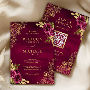 Magenta Fuchsia Floral Gold Spitze QR Code Hochzei Einladung