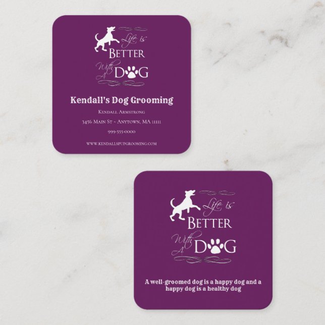 Magenta Funny Zitat Dog Grooming Quadratische Visitenkarte (Vorne/Hinten)