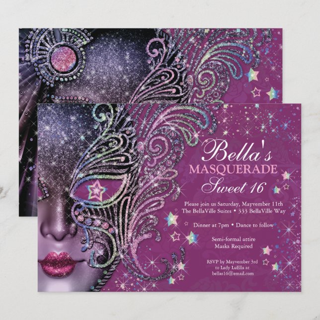 Magenta Galaxy Masquerade Sweet 16 Einladung (Vorne/Hinten)